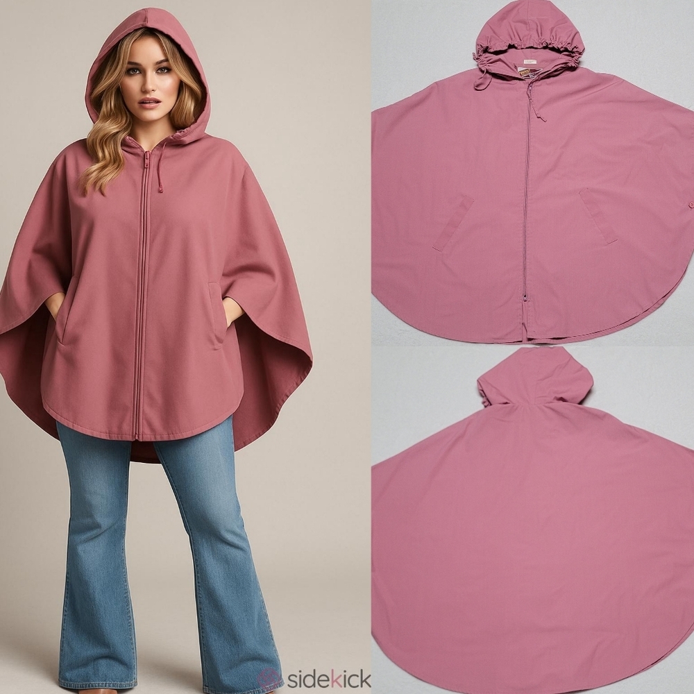 Rare Vintage 70s Fingerhut Fashions Full-zip Mauve Hooded Rounded Poncho Cape OS